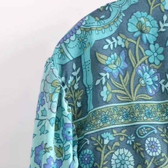 Bohemian Blue Floral Button Up Blouse Top - Picture 7 of 11
